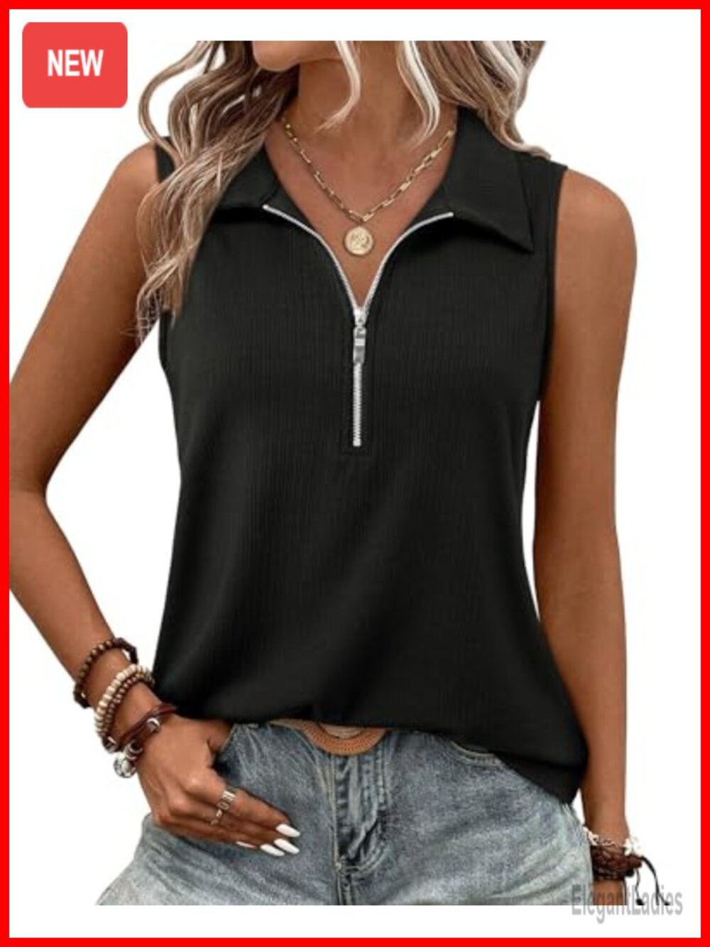 Women's Ribbed Tank Top V-Neck Half Zip Sleeveless Blouse Casual Work